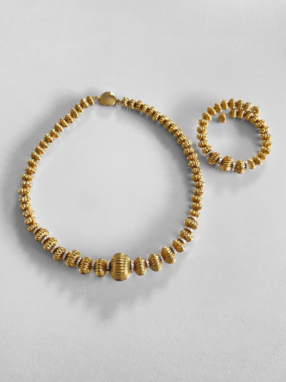 Vintage Lightweight Gold Metal Fluted Choker Necklace & Bracelet Set Two Tone